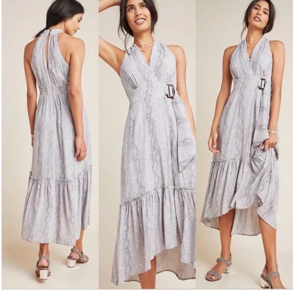 Anthropologie Marfa Grey Snake Print V-neck Belted Faux Wrap Maxi Dress